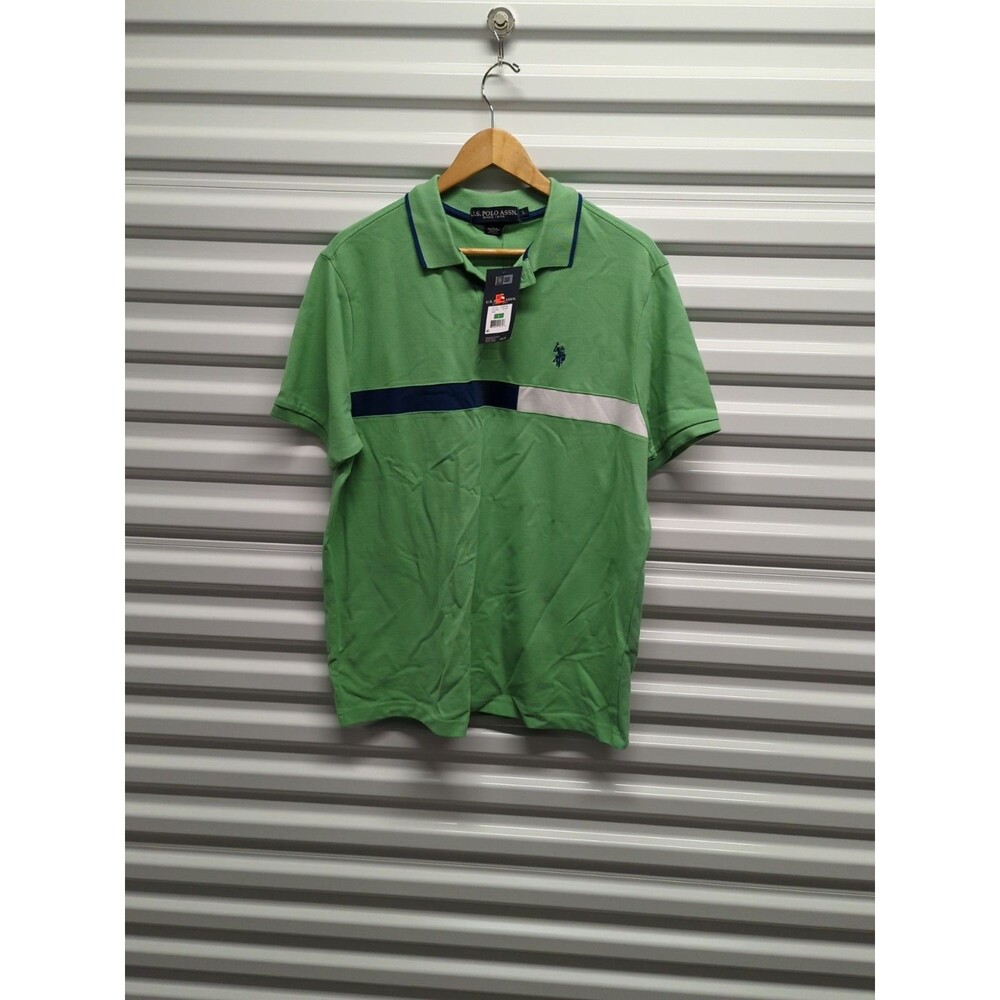 U.S. Polo Assn Size Large NWT Green‎ Color Block Stripe Polo Shirt Preppy Golf